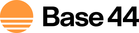 Base44 logo featuring an orange semi-circle with three horizontal lines on the left and the text "Base44" in bold black font on the right.