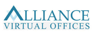 Logo for Alliance Virtual Offices, featuring the company's name in blue text with a stylized "A" on a white background.