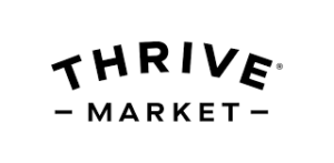 Black and white logo displaying the text "THRIVE MARKET" with horizontal lines on each side of "MARKET.
