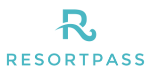 Turquoise "R" logo above the word "RESORTPASS" in uppercase turquoise letters on a white background.