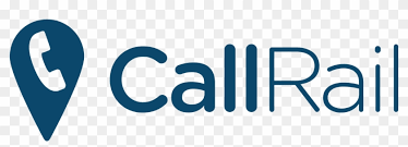 CallRail logo featuring a phone icon inside a map pin, followed by the word "CallRail" in blue text on a transparent background.