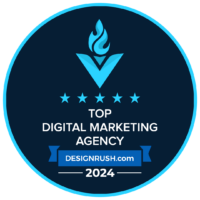 Award badge reading "Top Digital Marketing Agency 2024" from DesignRush.com, featuring a blue emblem with stars and a flame symbol above.