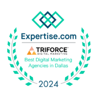 Logo for Triforce Digital Marketing, labeled "Best Digital Marketing Agencies in Dallas" by Expertise.com. Surrounded by a teal laurel and the year 2024.