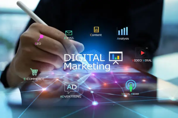 Digital marketing strategy with charts, data, and marketing icons.