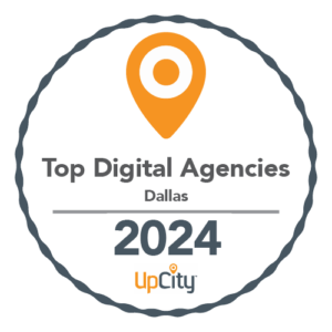 Circular badge graphic with an orange map pin icon, text reading "Top Digital Agencies Dallas 2024," and the UpCity logo at the bottom—highlighting outstanding partnerships in the industry.