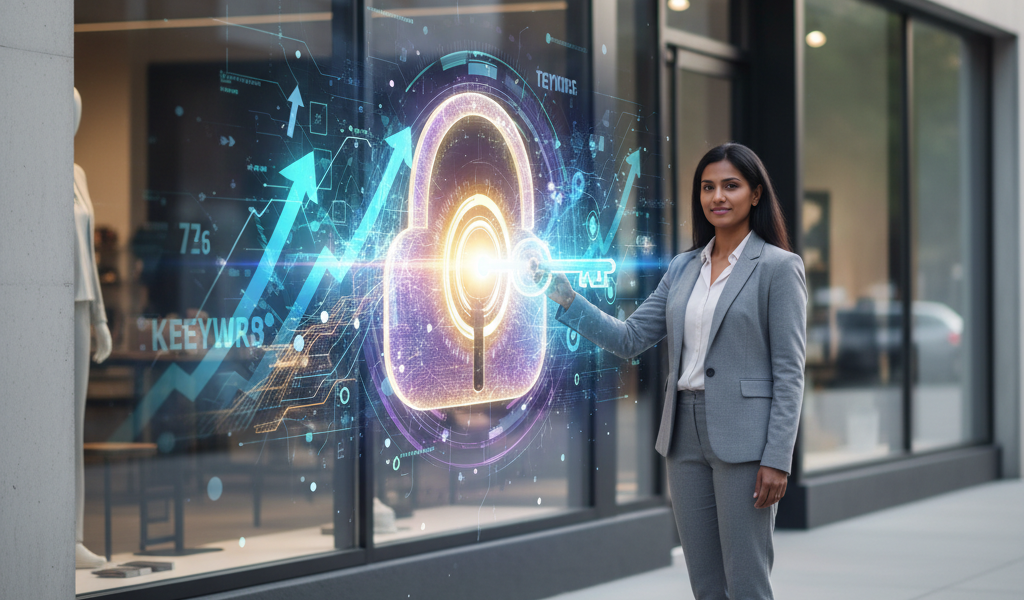 A determined small business owner (diverse, 30s-40s) stands confidently outside their modern, minimalist storefront. They hold a glowing, digital-looking key, which is actively turning in a lock that manifests as a shimmering, holographic portal. Through this portal, a dynamic digital landscape unfolds, filled with abstract representations of SEO success: upward-trending arrow graphs, interconnected data streams, and glowing keyword clusters ascending towards a prominent, clear 'top' position. The color palette combines professional blues and greens with vibrant digital purples and golds. The atmosphere is optimistic and empowering, with a clean, slightly futuristic aesthetic. High detail, cinematic lighting, wide shot.