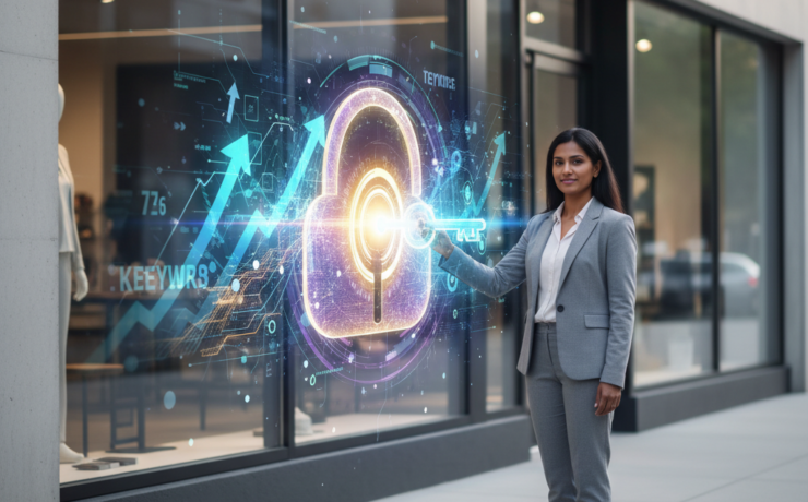 A determined small business owner (diverse, 30s-40s) stands confidently outside their modern, minimalist storefront. They hold a glowing, digital-looking key, which is actively turning in a lock that manifests as a shimmering, holographic portal. Through this portal, a dynamic digital landscape unfolds, filled with abstract representations of SEO success: upward-trending arrow graphs, interconnected data streams, and glowing keyword clusters ascending towards a prominent, clear 'top' position. The color palette combines professional blues and greens with vibrant digital purples and golds. The atmosphere is optimistic and empowering, with a clean, slightly futuristic aesthetic. High detail, cinematic lighting, wide shot.