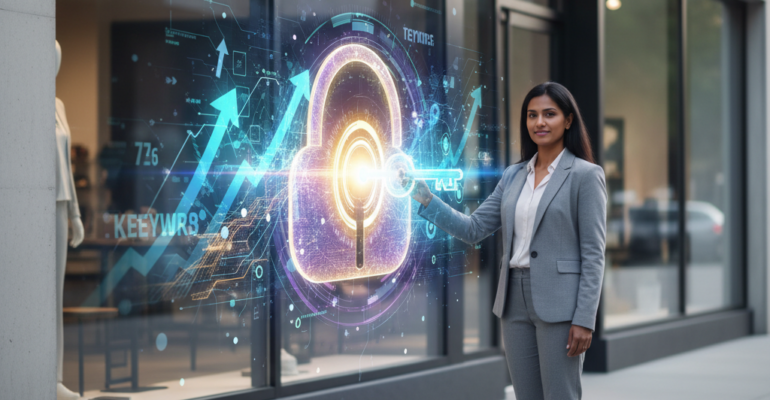A determined small business owner (diverse, 30s-40s) stands confidently outside their modern, minimalist storefront. They hold a glowing, digital-looking key, which is actively turning in a lock that manifests as a shimmering, holographic portal. Through this portal, a dynamic digital landscape unfolds, filled with abstract representations of SEO success: upward-trending arrow graphs, interconnected data streams, and glowing keyword clusters ascending towards a prominent, clear 'top' position. The color palette combines professional blues and greens with vibrant digital purples and golds. The atmosphere is optimistic and empowering, with a clean, slightly futuristic aesthetic. High detail, cinematic lighting, wide shot.