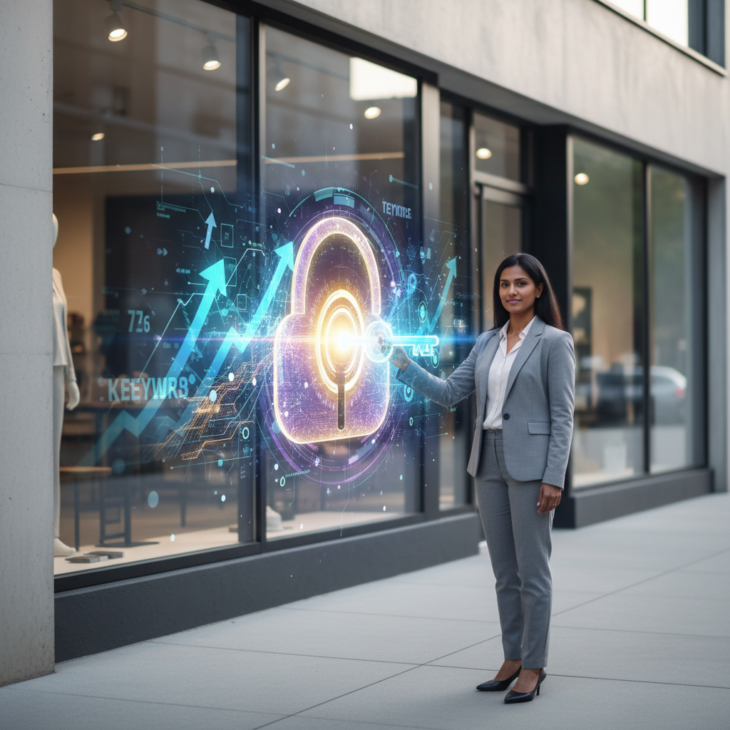 A determined small business owner (diverse, 30s-40s) stands confidently outside their modern, minimalist storefront. They hold a glowing, digital-looking key, which is actively turning in a lock that manifests as a shimmering, holographic portal. Through this portal, a dynamic digital landscape unfolds, filled with abstract representations of SEO success: upward-trending arrow graphs, interconnected data streams, and glowing keyword clusters ascending towards a prominent, clear 'top' position. The color palette combines professional blues and greens with vibrant digital purples and golds. The atmosphere is optimistic and empowering, with a clean, slightly futuristic aesthetic. High detail, cinematic lighting, wide shot.