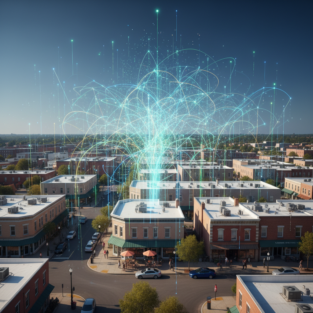 A strategic, elevated perspective looking down on a vibrant, diverse community featuring a mix of small business storefronts and nonprofit buildings. From this foundational landscape, intricate glowing digital pathways, complex data streams, and interconnected network lines rise elegantly, forming a sophisticated, ascending web of light and information that extends into a clear digital sky, symbolizing advanced SEO strategies and growth. The scene blends tangible community elements with dynamic, ethereal digital intelligence, creating a professional, modern, and aspirational visual. No text overlay.