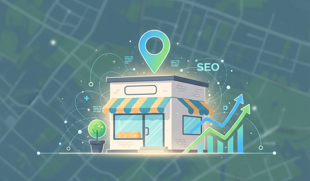 A vibrant, modern digital illustration. In the foreground, a stylized, inviting small business storefront (e.g., a local bakery, boutique, or service shop) radiates a soft, successful glow. Around it, dynamic SEO elements are integrated: a prominent, glowing map pin icon, abstract upward-trending graph lines, and subtle digital network connections extending outwards. The background features a softly blurred, interconnected local map or city grid, emphasizing local search dominance. The overall composition conveys growth, authority, and digital success. Professional yet optimistic color palette with blues, greens, yellows, and white. Clean vector art style, no text or human figures.