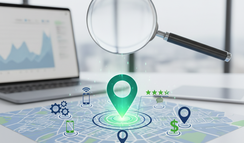 A map with location markers, digital icons, and a magnifying glass, with a laptop showing a graph in the background.