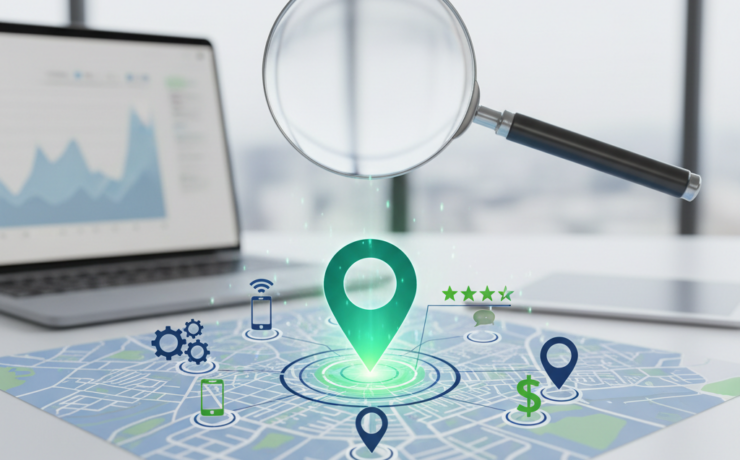 A map with location markers, digital icons, and a magnifying glass, with a laptop showing a graph in the background.