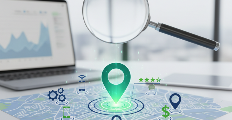 A map with location markers, digital icons, and a magnifying glass, with a laptop showing a graph in the background.