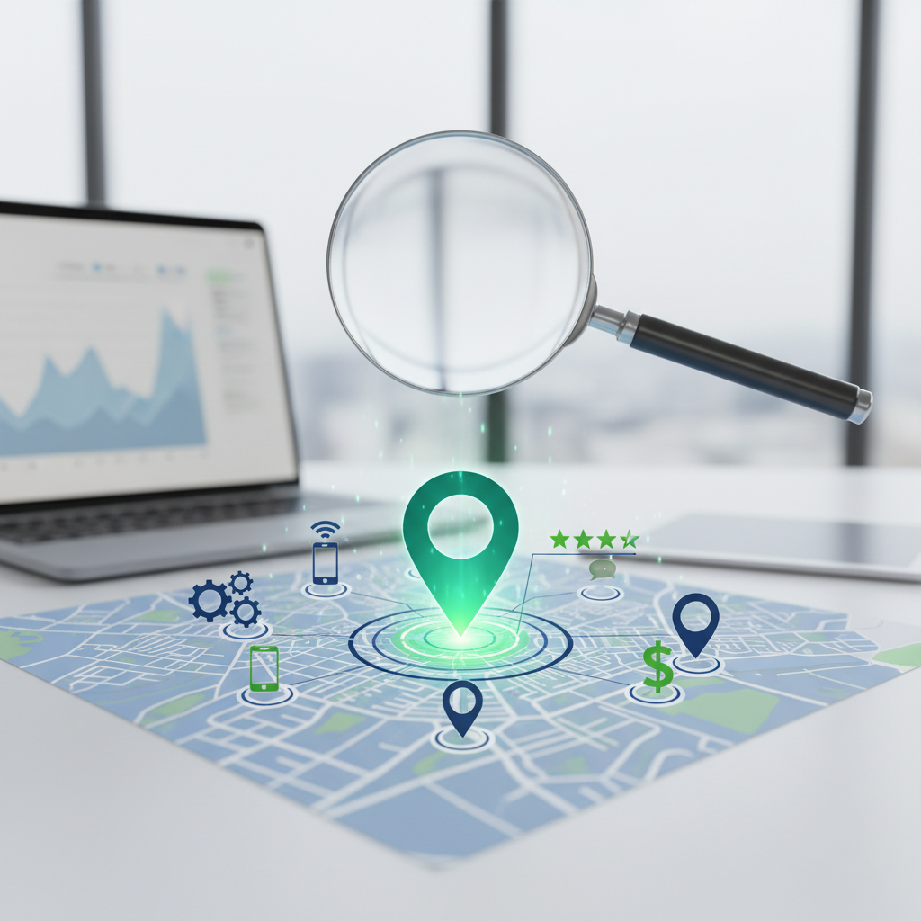 A map with location markers, digital icons, and a magnifying glass, with a laptop showing a graph in the background.