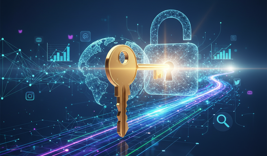 A vibrant, futuristic key, glowing with golden light, is poised to unlock a stylized digital padlock shaped like a globe or a network symbol. Behind it, a dynamic, interconnected landscape of glowing lines, abstract data visualizations, and faint, translucent icons representing social media, search engines, and analytics unfolds, suggesting a vast online world. Beams of light emanate from the 'unlocked' area, illuminating a path of growth and opportunity. The overall aesthetic is modern, clean, and optimistic, with a color palette of deep blues, purples, and greens accented by brilliant gold and white light. The image contains no text, captions, or watermarks.