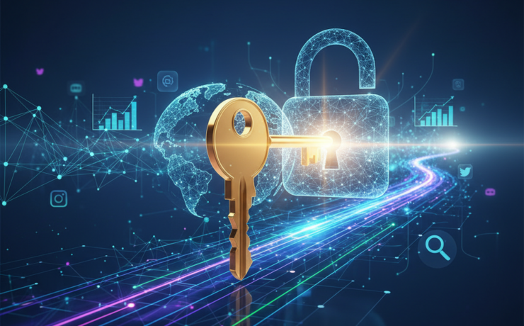 A vibrant, futuristic key, glowing with golden light, is poised to unlock a stylized digital padlock shaped like a globe or a network symbol. Behind it, a dynamic, interconnected landscape of glowing lines, abstract data visualizations, and faint, translucent icons representing social media, search engines, and analytics unfolds, suggesting a vast online world. Beams of light emanate from the 'unlocked' area, illuminating a path of growth and opportunity. The overall aesthetic is modern, clean, and optimistic, with a color palette of deep blues, purples, and greens accented by brilliant gold and white light. The image contains no text, captions, or watermarks.