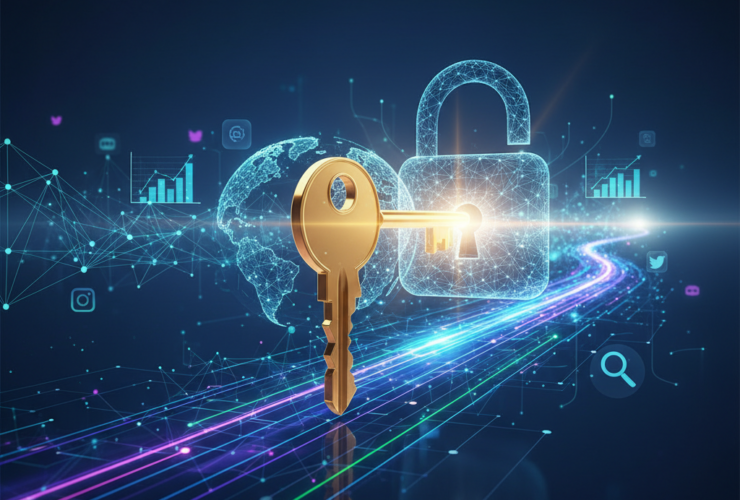 A vibrant, futuristic key, glowing with golden light, is poised to unlock a stylized digital padlock shaped like a globe or a network symbol. Behind it, a dynamic, interconnected landscape of glowing lines, abstract data visualizations, and faint, translucent icons representing social media, search engines, and analytics unfolds, suggesting a vast online world. Beams of light emanate from the 'unlocked' area, illuminating a path of growth and opportunity. The overall aesthetic is modern, clean, and optimistic, with a color palette of deep blues, purples, and greens accented by brilliant gold and white light. The image contains no text, captions, or watermarks.