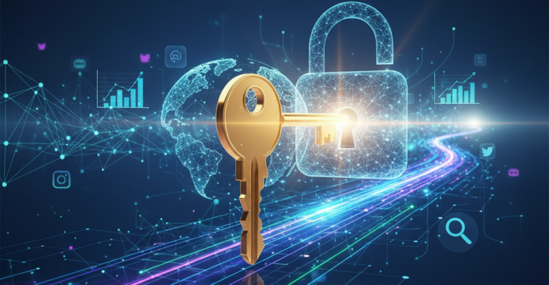 A vibrant, futuristic key, glowing with golden light, is poised to unlock a stylized digital padlock shaped like a globe or a network symbol. Behind it, a dynamic, interconnected landscape of glowing lines, abstract data visualizations, and faint, translucent icons representing social media, search engines, and analytics unfolds, suggesting a vast online world. Beams of light emanate from the 'unlocked' area, illuminating a path of growth and opportunity. The overall aesthetic is modern, clean, and optimistic, with a color palette of deep blues, purples, and greens accented by brilliant gold and white light. The image contains no text, captions, or watermarks.