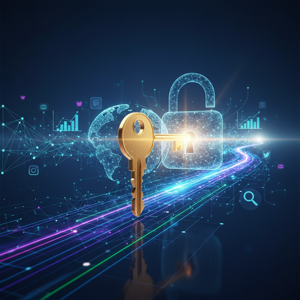 A vibrant, futuristic key, glowing with golden light, is poised to unlock a stylized digital padlock shaped like a globe or a network symbol. Behind it, a dynamic, interconnected landscape of glowing lines, abstract data visualizations, and faint, translucent icons representing social media, search engines, and analytics unfolds, suggesting a vast online world. Beams of light emanate from the 'unlocked' area, illuminating a path of growth and opportunity. The overall aesthetic is modern, clean, and optimistic, with a color palette of deep blues, purples, and greens accented by brilliant gold and white light. The image contains no text, captions, or watermarks.