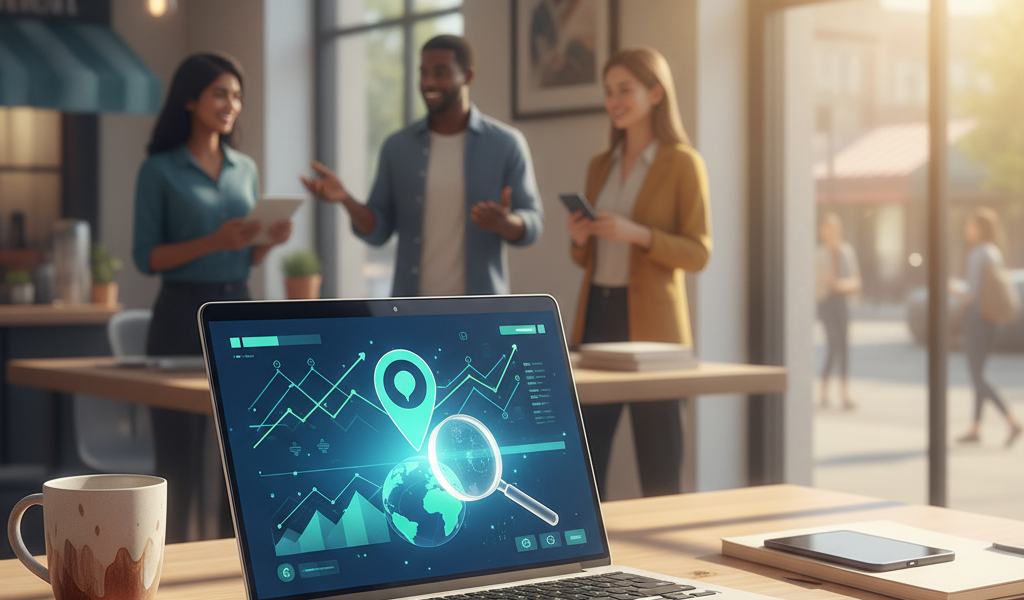 A laptop displaying data analytics is on a desk in a modern office with three people talking in the background near large windows.