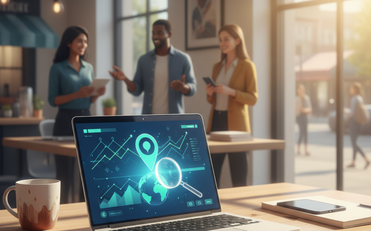 A laptop displaying data analytics is on a desk in a modern office with three people talking in the background near large windows.