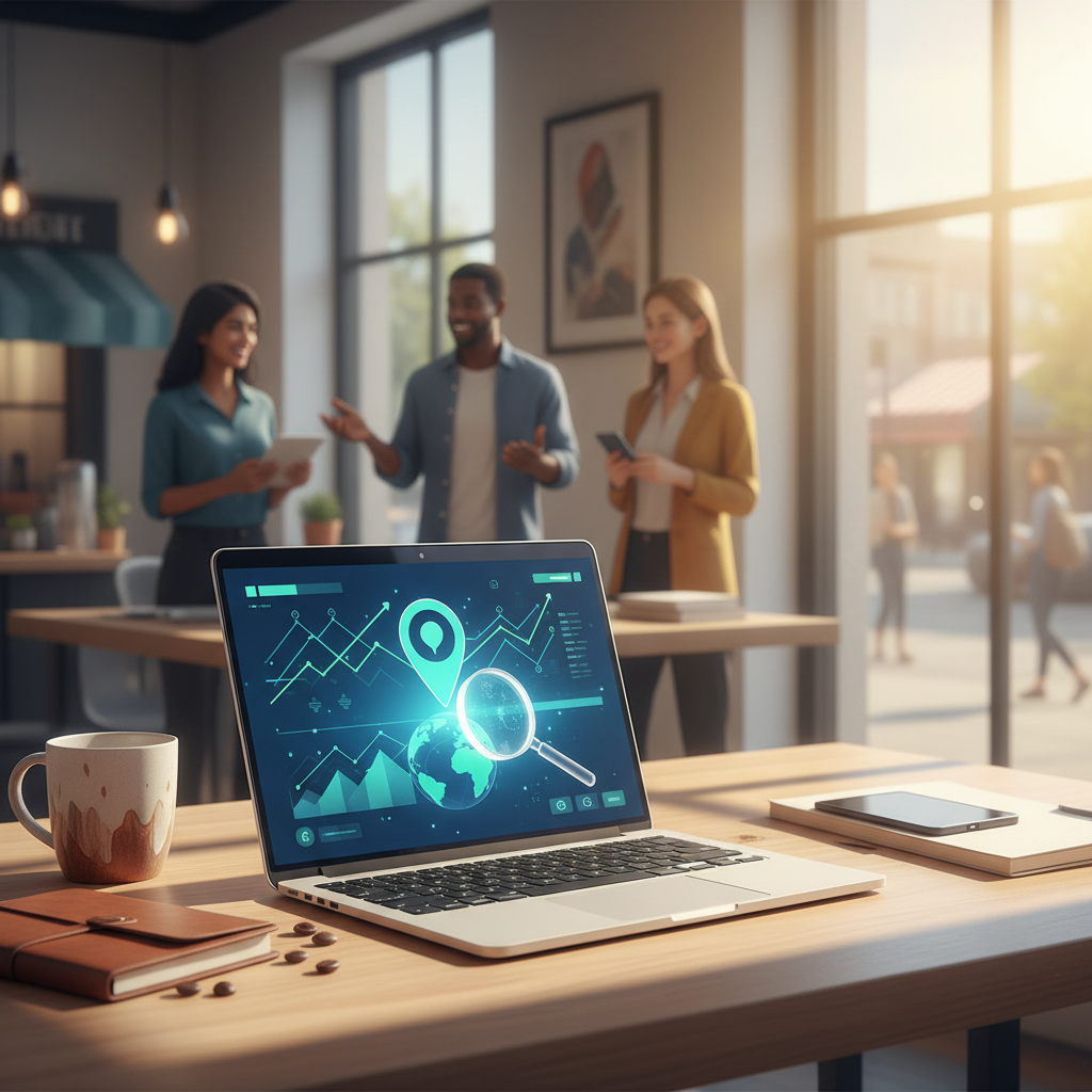 A laptop displaying data analytics is on a desk in a modern office with three people talking in the background near large windows.