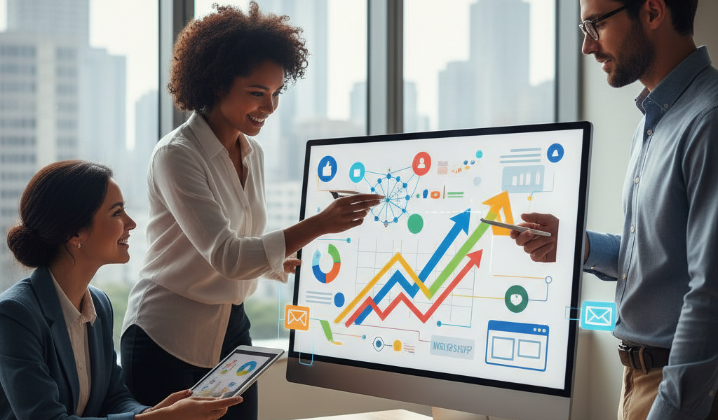 A vibrant, isometric illustration featuring a stylized small business or nonprofit icon navigating a dynamic, interconnected digital landscape. A winding but clearly illuminated path guides the icon through abstract digital elements like floating social media icons, website browser windows, email envelopes, and data visualization nodes, all linked by glowing strategic lines. A subtle guiding light or digital compass provides direction. The path leads towards a horizon showing growth and success symbols (e.g., upward-pointing graphs, a flourishing plant icon, subtle community gathering). Clean, modern vector art style with a vibrant yet professional color palette. No text.
