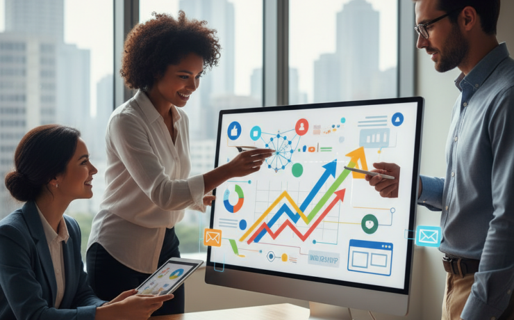 A vibrant, isometric illustration featuring a stylized small business or nonprofit icon navigating a dynamic, interconnected digital landscape. A winding but clearly illuminated path guides the icon through abstract digital elements like floating social media icons, website browser windows, email envelopes, and data visualization nodes, all linked by glowing strategic lines. A subtle guiding light or digital compass provides direction. The path leads towards a horizon showing growth and success symbols (e.g., upward-pointing graphs, a flourishing plant icon, subtle community gathering). Clean, modern vector art style with a vibrant yet professional color palette. No text.