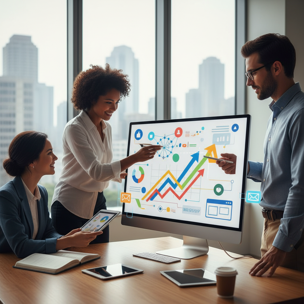 A vibrant, isometric illustration featuring a stylized small business or nonprofit icon navigating a dynamic, interconnected digital landscape. A winding but clearly illuminated path guides the icon through abstract digital elements like floating social media icons, website browser windows, email envelopes, and data visualization nodes, all linked by glowing strategic lines. A subtle guiding light or digital compass provides direction. The path leads towards a horizon showing growth and success symbols (e.g., upward-pointing graphs, a flourishing plant icon, subtle community gathering). Clean, modern vector art style with a vibrant yet professional color palette. No text.