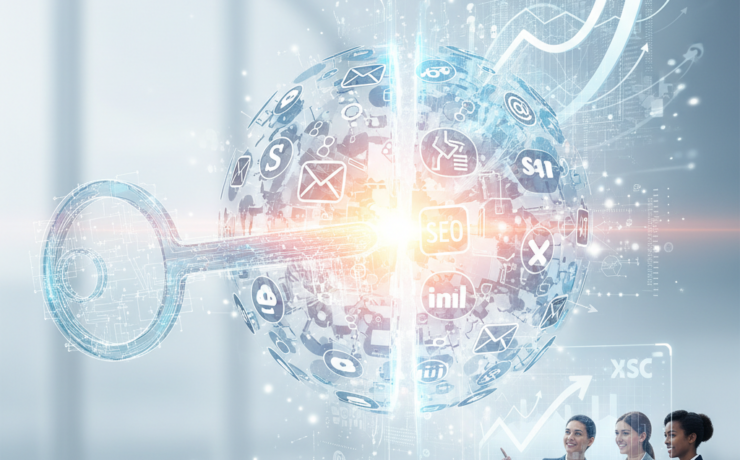 A sleek, glowing, abstract key made of interconnected digital elements (like circuit lines and data streams) is actively unlocking a complex, multi-layered digital lock. This lock, initially appearing as a chaotic swirl of fragmented digital marketing icons (social media logos, email symbols, SEO keywords, analytics graphs), visibly transforms as it unlocks. From the newly opened gateway, a vibrant, seamless network of light and data surges upwards and outwards, manifesting as holographic growth charts, upward-trending arrows, and a dynamic, expanding digital landscape. The overall scene is high-tech, futuristic, and full of energetic movement, set against a clean, luminous digital background that emphasizes connectivity and limitless potential.