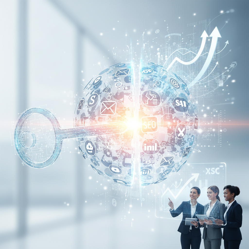 A sleek, glowing, abstract key made of interconnected digital elements (like circuit lines and data streams) is actively unlocking a complex, multi-layered digital lock. This lock, initially appearing as a chaotic swirl of fragmented digital marketing icons (social media logos, email symbols, SEO keywords, analytics graphs), visibly transforms as it unlocks. From the newly opened gateway, a vibrant, seamless network of light and data surges upwards and outwards, manifesting as holographic growth charts, upward-trending arrows, and a dynamic, expanding digital landscape. The overall scene is high-tech, futuristic, and full of energetic movement, set against a clean, luminous digital background that emphasizes connectivity and limitless potential.