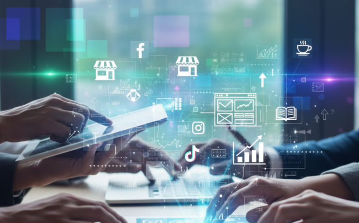 A dynamic, modern image showcasing diverse hands interacting with glowing digital devices (laptop, tablet) displaying a vibrant mosaic of social media icons, analytical charts, and website interfaces. From these devices, interconnected, luminous light trails and data streams flow upwards and outwards, forming a stylized, abstract "blueprint" network. Within this network, subtle silhouettes representing various small businesses (e.g., storefront, coffee cup, community center) and upward-pointing growth arrows are integrated. The overall scene is set against an optimistic, soft-focus background of a digital landscape, bathed in professional blues, greens, and vibrant purples, conveying strategy, innovation, and growth. No text or labels.