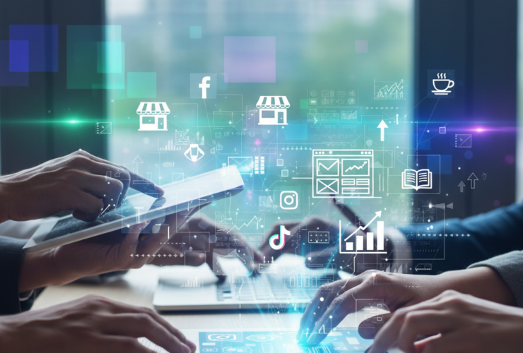 A dynamic, modern image showcasing diverse hands interacting with glowing digital devices (laptop, tablet) displaying a vibrant mosaic of social media icons, analytical charts, and website interfaces. From these devices, interconnected, luminous light trails and data streams flow upwards and outwards, forming a stylized, abstract "blueprint" network. Within this network, subtle silhouettes representing various small businesses (e.g., storefront, coffee cup, community center) and upward-pointing growth arrows are integrated. The overall scene is set against an optimistic, soft-focus background of a digital landscape, bathed in professional blues, greens, and vibrant purples, conveying strategy, innovation, and growth. No text or labels.