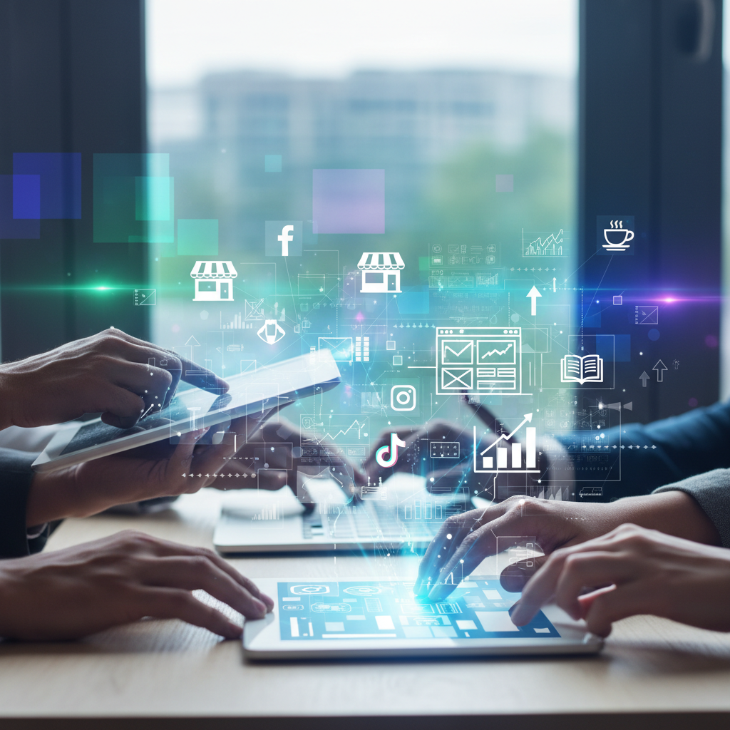 A dynamic, modern image showcasing diverse hands interacting with glowing digital devices (laptop, tablet) displaying a vibrant mosaic of social media icons, analytical charts, and website interfaces. From these devices, interconnected, luminous light trails and data streams flow upwards and outwards, forming a stylized, abstract "blueprint" network. Within this network, subtle silhouettes representing various small businesses (e.g., storefront, coffee cup, community center) and upward-pointing growth arrows are integrated. The overall scene is set against an optimistic, soft-focus background of a digital landscape, bathed in professional blues, greens, and vibrant purples, conveying strategy, innovation, and growth. No text or labels.