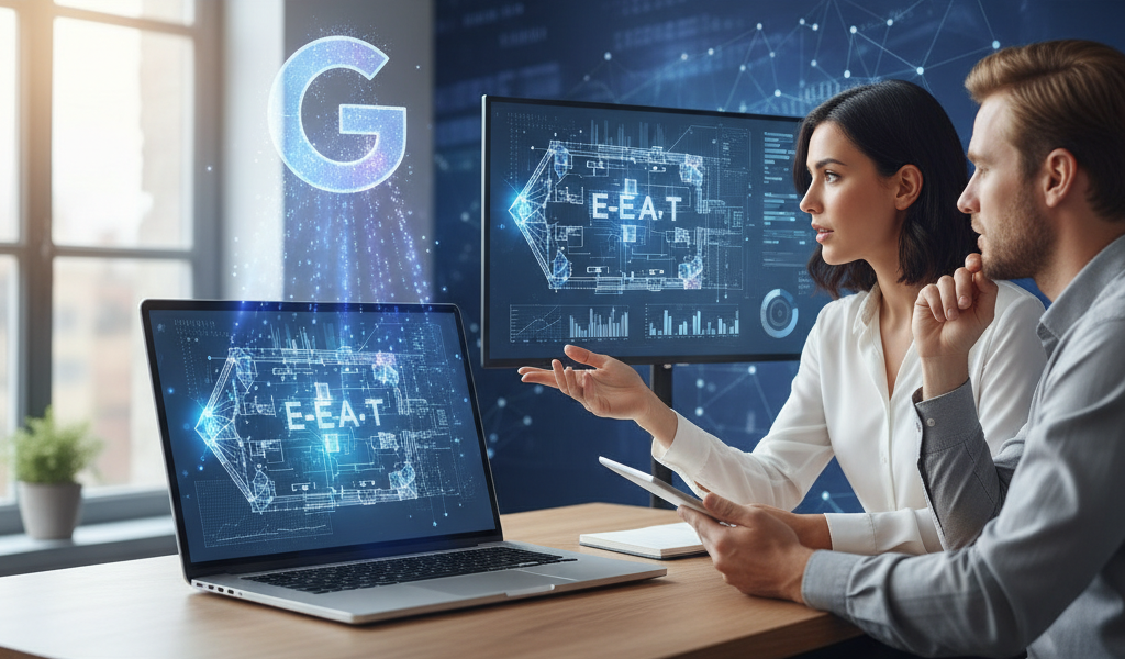 Two people sit at a desk with laptops and monitors displaying digital graphics labeled "E-E-A-T" and a large "G" symbol, suggesting a discussion about online expertise or Google standards.