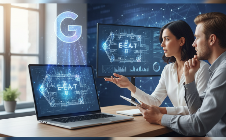 Two people sit at a desk with laptops and monitors displaying digital graphics labeled "E-E-A-T" and a large "G" symbol, suggesting a discussion about online expertise or Google standards.