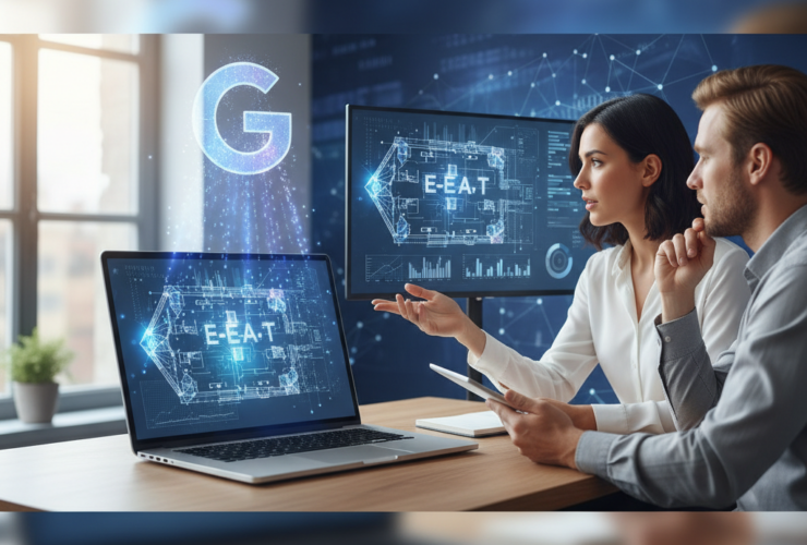Two people sit at a desk with laptops and monitors displaying digital graphics labeled "E-E-A-T" and a large "G" symbol, suggesting a discussion about online expertise or Google standards.