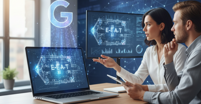 Two people sit at a desk with laptops and monitors displaying digital graphics labeled "E-E-A-T" and a large "G" symbol, suggesting a discussion about online expertise or Google standards.