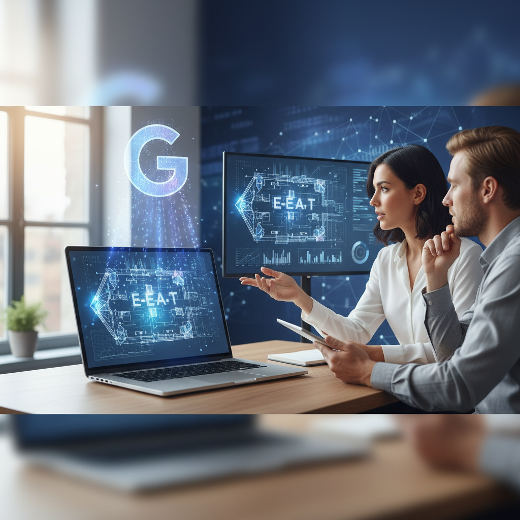 Two people sit at a desk with laptops and monitors displaying digital graphics labeled "E-E-A-T" and a large "G" symbol, suggesting a discussion about online expertise or Google standards.