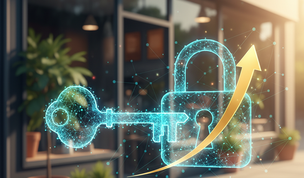A digital lock and key with an upward arrow overlay in front of a coffee shop, symbolizing secure access and business growth.