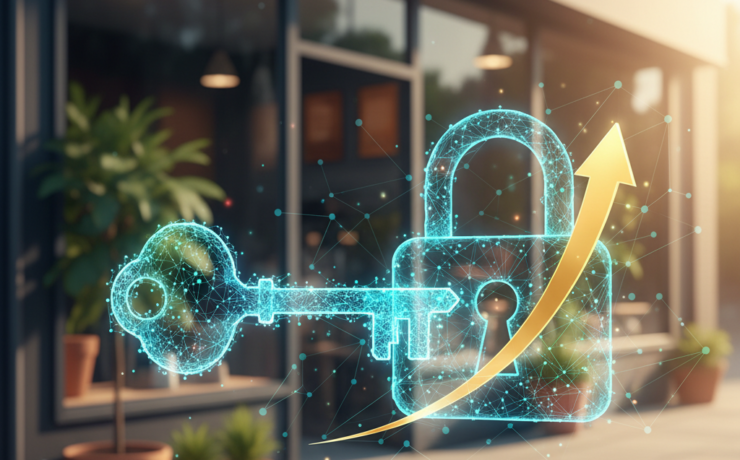 A digital lock and key with an upward arrow overlay in front of a coffee shop, symbolizing secure access and business growth.