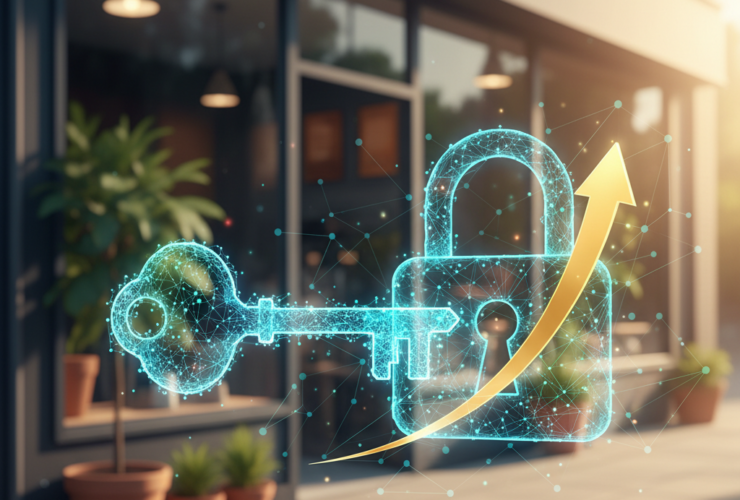 A digital lock and key with an upward arrow overlay in front of a coffee shop, symbolizing secure access and business growth.