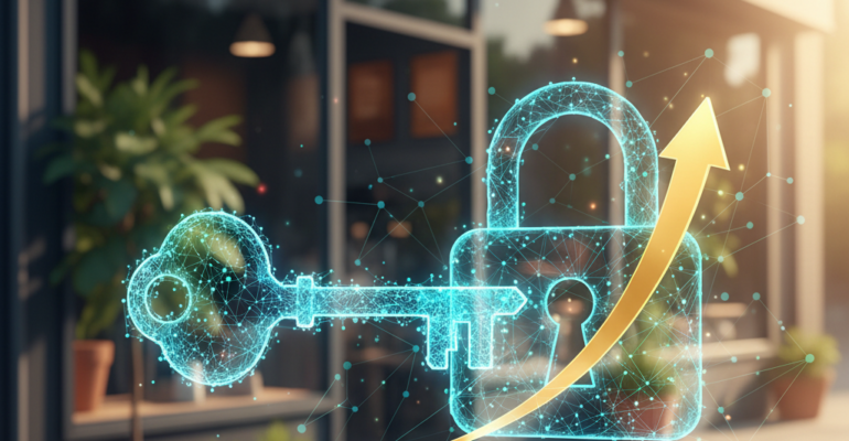 A digital lock and key with an upward arrow overlay in front of a coffee shop, symbolizing secure access and business growth.