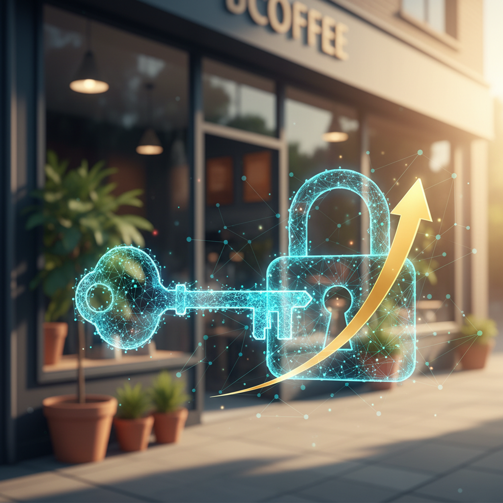 A digital lock and key with an upward arrow overlay in front of a coffee shop, symbolizing secure access and business growth.