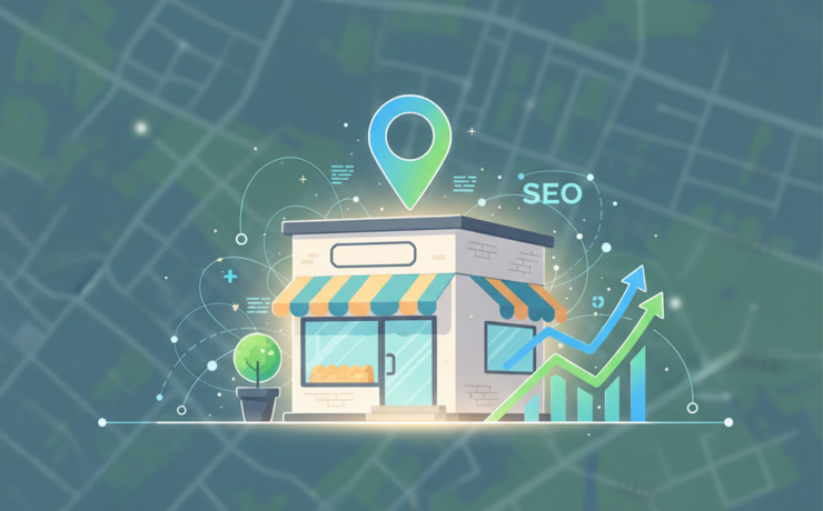 A vibrant, modern digital illustration. In the foreground, a stylized, inviting small business storefront (e.g., a local bakery, boutique, or service shop) radiates a soft, successful glow. Around it, dynamic SEO elements are integrated: a prominent, glowing map pin icon, abstract upward-trending graph lines, and subtle digital network connections extending outwards. The background features a softly blurred, interconnected local map or city grid, emphasizing local search dominance. The overall composition conveys growth, authority, and digital success. Professional yet optimistic color palette with blues, greens, yellows, and white. Clean vector art style, no text or human figures.