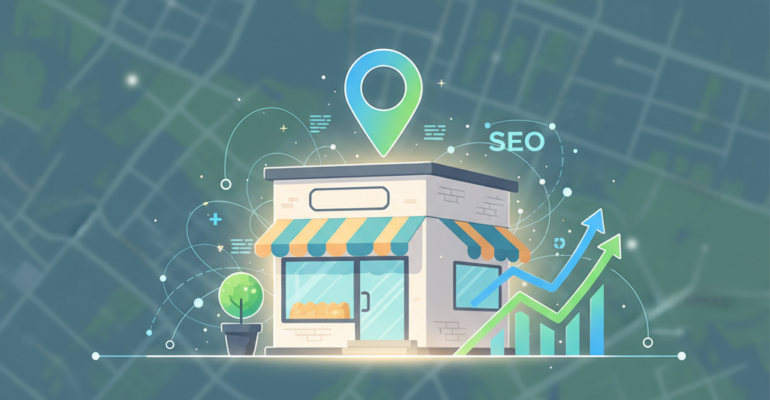 A vibrant, modern digital illustration. In the foreground, a stylized, inviting small business storefront (e.g., a local bakery, boutique, or service shop) radiates a soft, successful glow. Around it, dynamic SEO elements are integrated: a prominent, glowing map pin icon, abstract upward-trending graph lines, and subtle digital network connections extending outwards. The background features a softly blurred, interconnected local map or city grid, emphasizing local search dominance. The overall composition conveys growth, authority, and digital success. Professional yet optimistic color palette with blues, greens, yellows, and white. Clean vector art style, no text or human figures.