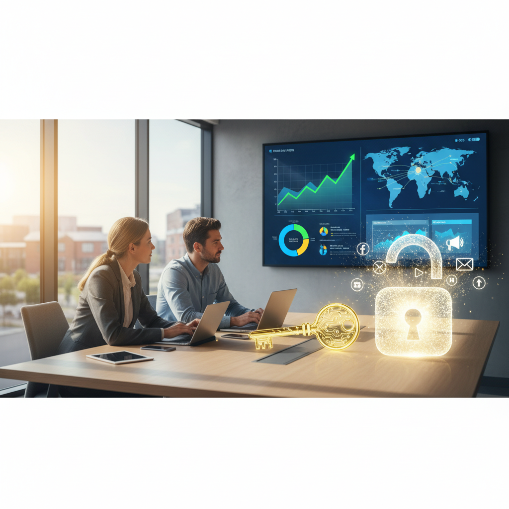 A vibrant, high-detail digital illustration depicting a gleaming golden key actively turning within a sleek, futuristic padlock. As the key unlocks, the padlock's interior transforms into an expanding, luminous network of interconnected digital marketing icons: a magnifying glass for SEO, stylized social media logos, an email envelope, a website browser window, an upward trend graph, and a megaphone. These elements are arranged dynamically, emanating outward from the unlocked center against a soft, gradient background transitioning from deep digital blues to bright success-oriented greens and golds, with subtle, abstract outlines of diverse small buildings or community hubs in the very distant background. The image conveys discovery, growth, and empowerment with radiant light effects and subtle digital particles. No text or labels.