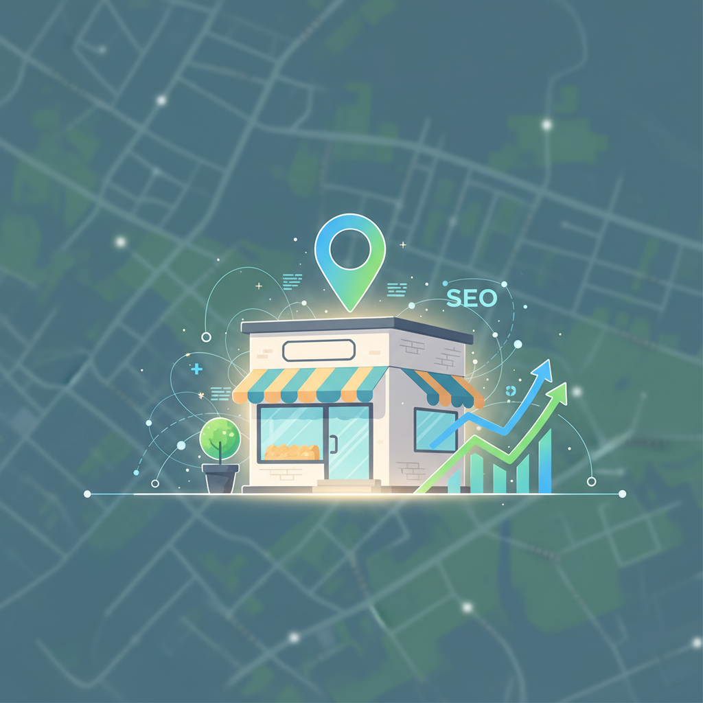 A vibrant, modern digital illustration. In the foreground, a stylized, inviting small business storefront (e.g., a local bakery, boutique, or service shop) radiates a soft, successful glow. Around it, dynamic SEO elements are integrated: a prominent, glowing map pin icon, abstract upward-trending graph lines, and subtle digital network connections extending outwards. The background features a softly blurred, interconnected local map or city grid, emphasizing local search dominance. The overall composition conveys growth, authority, and digital success. Professional yet optimistic color palette with blues, greens, yellows, and white. Clean vector art style, no text or human figures.
