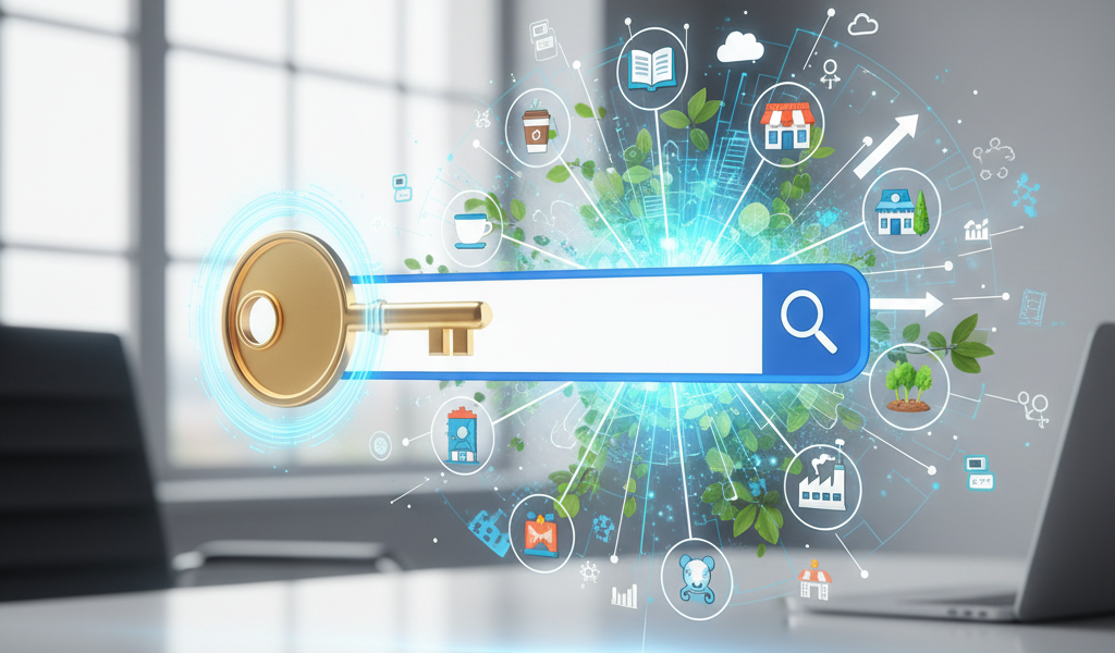 A stylized golden key, emitting a digital glow, turning in a lock shaped like a search bar. This action reveals a thriving digital ecosystem where icons of diverse small businesses and nonprofit buildings are visibly connected and growing, represented by subtle upward arrows and network lines. Abstract elements of SEO (magnifying glass, keyword tags) are subtly integrated into the energetic, optimistic background. No text.
